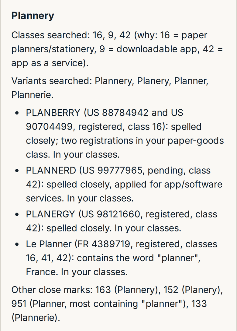 A name-check report on a phone, for the name Plannery: classes searched and why, variants searched, four close marks each with register, number, status, class and the reason, and counts of other close marks.