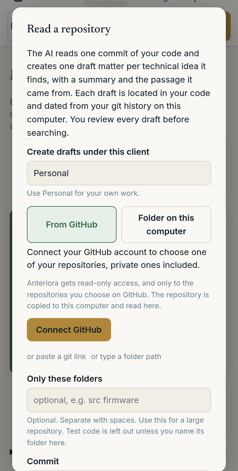 The 'Read a repository' dialog on a phone: one draft matter per technical idea, From GitHub or Folder on this computer, read-only access to the repositories you choose, and 'Only these folders'.