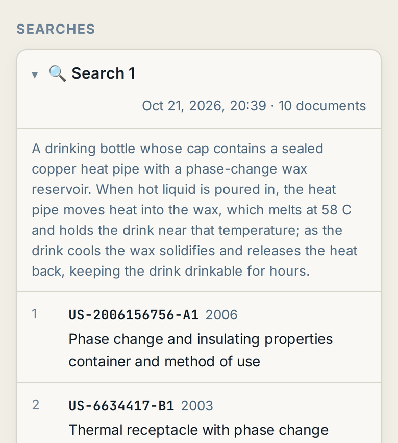 A prior-art session on a phone: Search 1, its query (a drinking bottle with a heat pipe and a phase-change wax reservoir), then the ranked results with publication number, year and title.