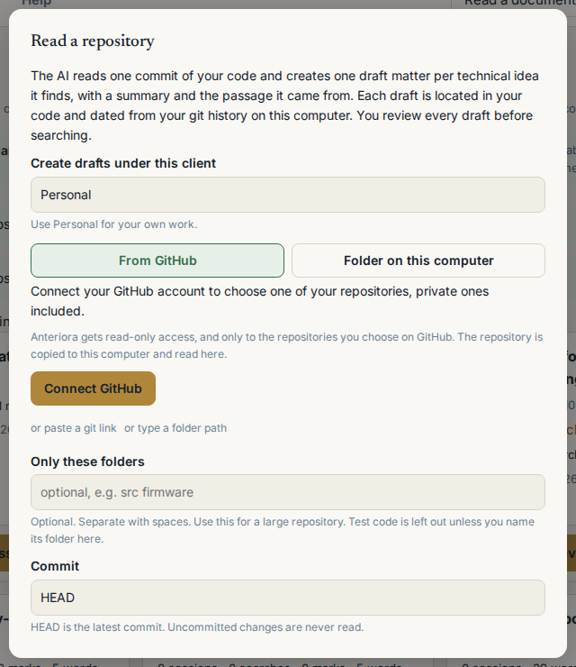 The 'Read a repository' dialog: connect GitHub or point at a folder, choose only some folders, pick the commit; one draft matter per technical idea found.